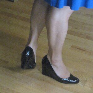 J. Crew Martina Black Patent Leather Round Toe 3" Wedge Heels 10 Italy